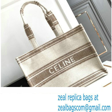Celine Large Cabas Thais Bag In Striped Textile With Celine Jacquard 196762 Beige/Brown 2023 - Click Image to Close