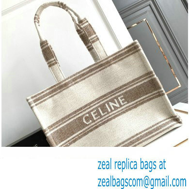 Celine Large Cabas Thais Bag In Striped Textile With Celine Jacquard 196762 Beige/Brown 2023