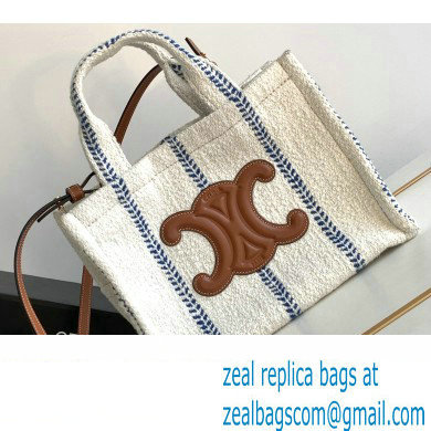 Celine Small Cabas Thais Bag In Striped Textile And Calfskin 199162 White/Blue 2023 - Click Image to Close