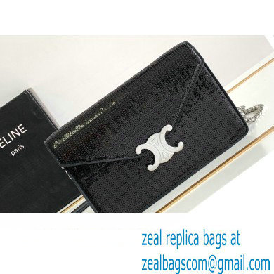 Celine WALLET ON CHAIN triomphe Bag in SEQUINS AND CALFSKIN 10J733 Black