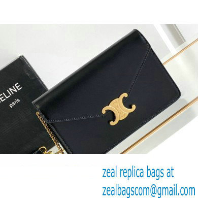 Celine WALLET ON CHAIN triomphe Bag in Shiny calfskin 10J733 Black/Gold - Click Image to Close