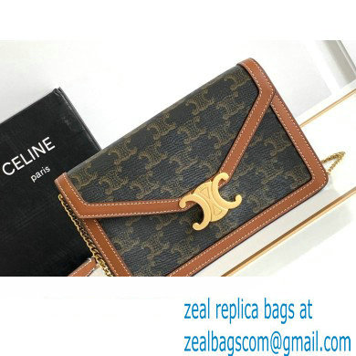 Celine WALLET ON CHAIN triomphe Bag in TRIOMPHE CANVAS and calfskin 10J733 Tan