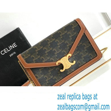 Celine WALLET ON CHAIN triomphe Bag in TRIOMPHE CANVAS and calfskin 10J733 Tan - Click Image to Close