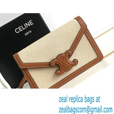 Celine WALLET ON CHAIN triomphe Bag in in TEXTILE TRIOMPHE AND CALFSKIN 10J733 Natural / Tan - Click Image to Close