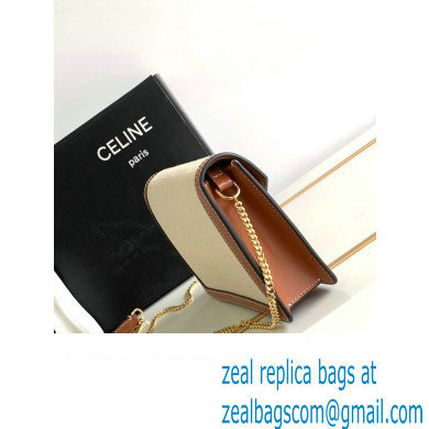 Celine WALLET ON CHAIN triomphe Bag in in TEXTILE TRIOMPHE AND CALFSKIN 10J733 Natural / Tan