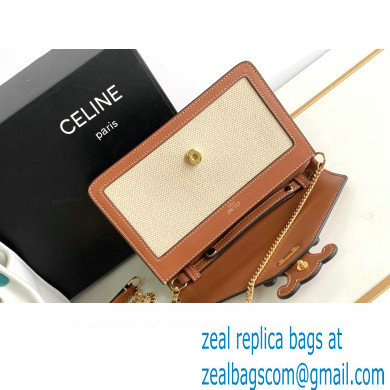 Celine WALLET ON CHAIN triomphe Bag in in TEXTILE TRIOMPHE AND CALFSKIN 10J733 Natural / Tan