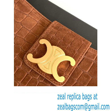 Celine WILTERN CLUTCH BAG TRIOMPHE SOFT in Crocodile Embossed Suede Calfskin 113673 Brown