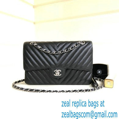Chanel BLACK Chevron Medium Flap Bag in caviar leather With Silver Hardware