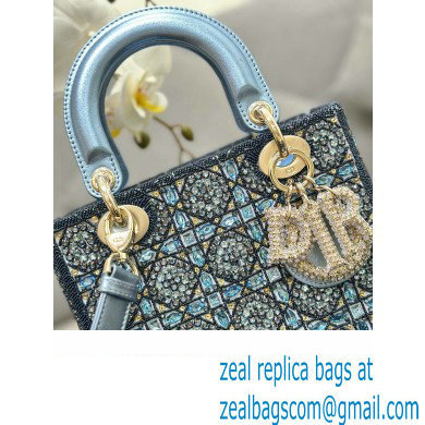Dior Small Lady Dior Bag in Metallic Calfskin and Satin with Celestial Blue Resin Bead Embroidery 2023 - Click Image to Close