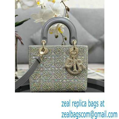 Dior Small Lady Dior Bag in Metallic Calfskin and Satin with Grey Resin Bead Embroidery 2023