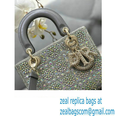 Dior Small Lady Dior Bag in Metallic Calfskin and Satin with Grey Resin Bead Embroidery 2023