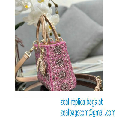 Dior Small Lady Dior Bag in Metallic Calfskin and Satin with Rose Des Vents Pink Resin Bead Embroidery 2023