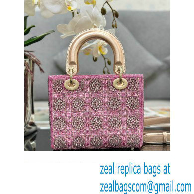 Dior Small Lady Dior Bag in Metallic Calfskin and Satin with Rose Des Vents Pink Resin Bead Embroidery 2023