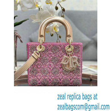 Dior Small Lady Dior Bag in Metallic Calfskin and Satin with Rose Des Vents Pink Resin Bead Embroidery 2023