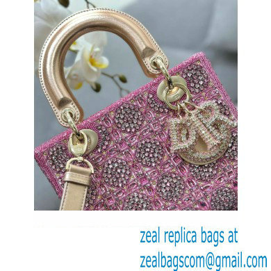 Dior Small Lady Dior Bag in Metallic Calfskin and Satin with Rose Des Vents Pink Resin Bead Embroidery 2023