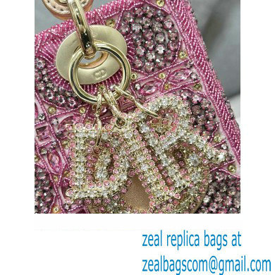 Dior Small Lady Dior Bag in Metallic Calfskin and Satin with Rose Des Vents Pink Resin Bead Embroidery 2023