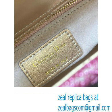 Dior Small Lady Dior Bag in Metallic Calfskin and Satin with Rose Des Vents Pink Resin Bead Embroidery 2023