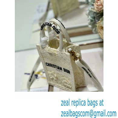 Dior mini Book Tote phone Bag in White D-Lace Embroidery with 3D Macrame Effect 2023