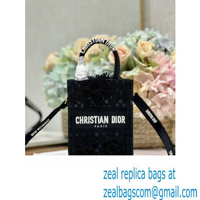 Dior mini Book Tote phone Bag in black D-Lace Embroidery with 3D Macrame Effect 2023