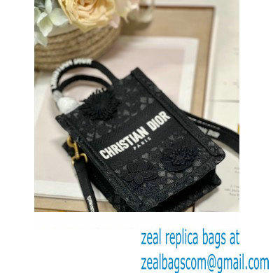 Dior mini Book Tote phone Bag in black D-Lace Embroidery with 3D Macrame Effect 2023