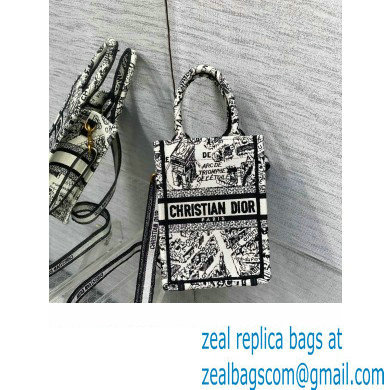 Dior mini Book Tote phone Bag in white and Black Plan de Paris Embroidery 2023