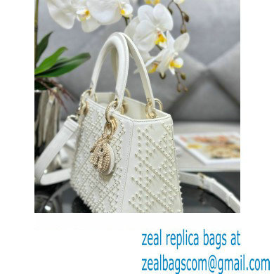 Dior small Lady Dior Bag with Pearls White 2023 M0505 - Click Image to Close