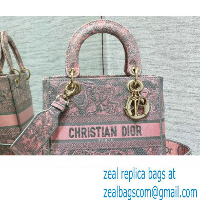 Lady Dior Medium D-Lite Bag in Gray and Pink Toile de Jouy Reverse Embroidery