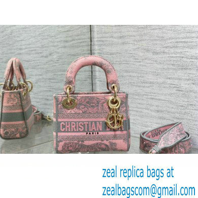 Lady Dior Mini D-Lite Bag in Pink and Gray Toile de Jouy Sauvage Embroidery - Click Image to Close