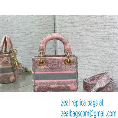 Lady Dior Mini D-Lite Bag in Pink and Gray Toile de Jouy Sauvage Embroidery - Click Image to Close