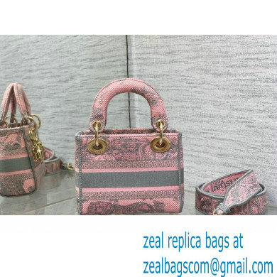 Lady Dior Mini D-Lite Bag in Pink and Gray Toile de Jouy Sauvage Embroidery