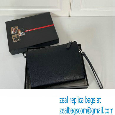 Prada Leather Pouch Clutch Bag 2NE009 Enameled metal triangle logo Black/Silver