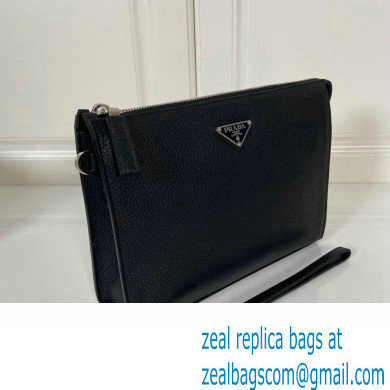 Prada Leather Pouch Clutch Bag 2NE009 Enameled metal triangle logo Black/Silver