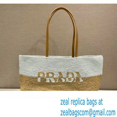 Prada Raffia and leather tote bag 1BG442 Tan/white