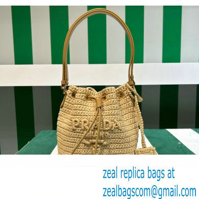 Prada Raffia-effect yarn Crochet and leather mini-bucket bag 1BE068 Natural