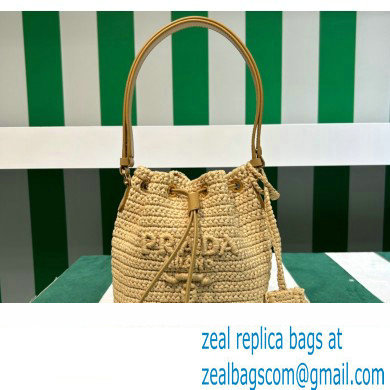 Prada Raffia-effect yarn Crochet and leather mini-bucket bag 1BE068 Natural - Click Image to Close