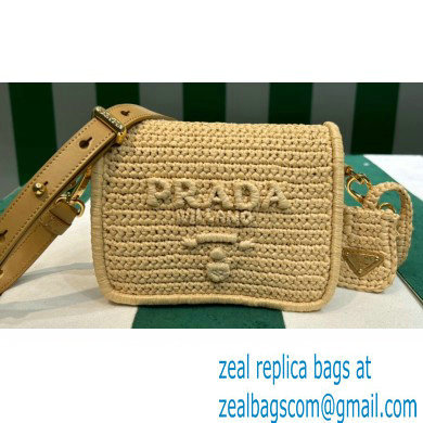 Prada Raffia-effect yarn Crochet and leather shoulder bag with flap closure 1BD335 Natural - Click Image to Close