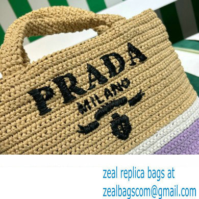 Prada Raffia-effect yarn Small crochet tote bag 1BG422 Beige/White/Purple