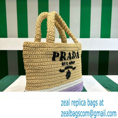 Prada Raffia-effect yarn Small crochet tote bag 1BG422 Beige/White/Purple