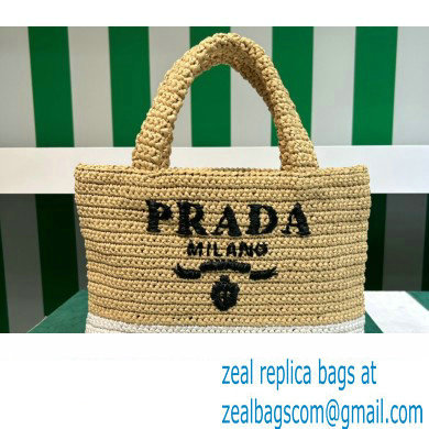 Prada Raffia-effect yarn Small crochet tote bag 1BG422 Beige/White/Purple