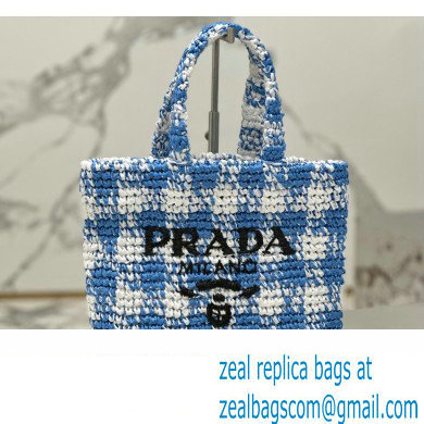 Prada Raffia-effect yarn Small crochet tote bag 1BG422 White/Blue