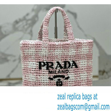 Prada Raffia-effect yarn Small crochet tote bag 1BG422 White/Pink