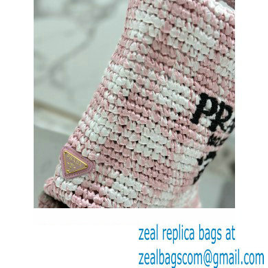 Prada Raffia-effect yarn Small crochet tote bag 1BG422 White/Pink