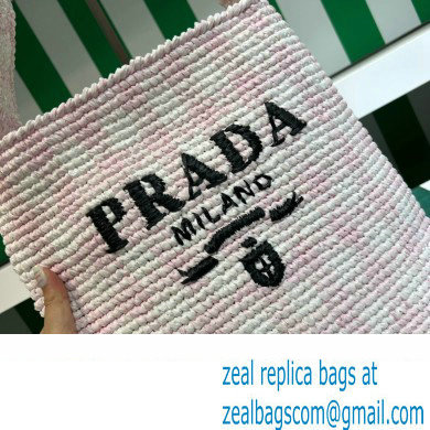 Prada Raffia-effect yarn crochet tote bag 1BC182 White/Pink
