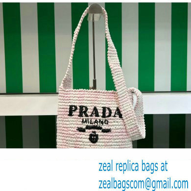 Prada Raffia-effect yarn crochet tote bag 1BC184 White/Pink