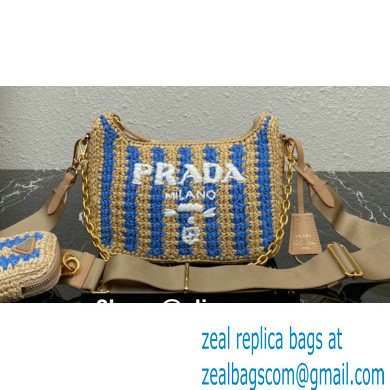 Prada Re-Edition 2005 crochet raffia shoulder bag 1BH204 Beige/Blue 2023