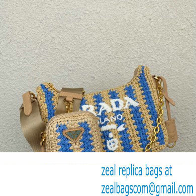 Prada Re-Edition 2005 crochet raffia shoulder bag 1BH204 Beige/Blue 2023 - Click Image to Close