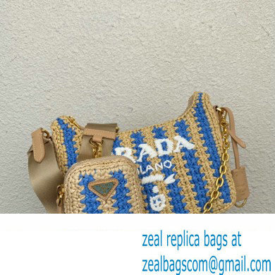 Prada Re-Edition 2005 crochet raffia shoulder bag 1BH204 Beige/Blue 2023