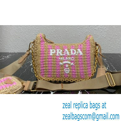 Prada Re-Edition 2005 crochet raffia shoulder bag 1BH204 Beige/Pink 2023