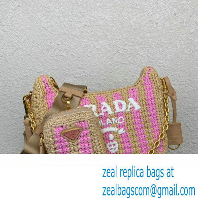 Prada Re-Edition 2005 crochet raffia shoulder bag 1BH204 Beige/Pink 2023