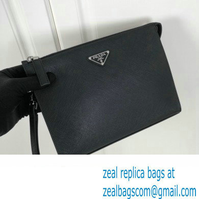 Prada Saffiano Leather Pouch Clutch Bag 2NE009 Enameled metal triangle logo Black/Silver